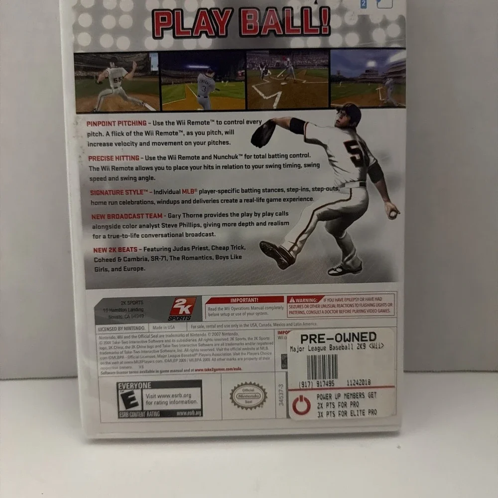 Major League Baseball 2K9 Nintendo Wii MLB 2K9 Complete CIB Tim Lincecum Cover